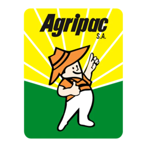 Un logotipo que presenta un personaje antropomórfico del sol usando un sombrero, con el nombre Agripac S.A. en letras amarillas y en negrita.