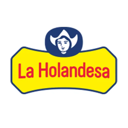Un logotipo que presenta a una mujer sonriente con un tocado tradicional holandés, ubicada dentro de un óvalo amarillo con La Holandesa escrito en rojo.